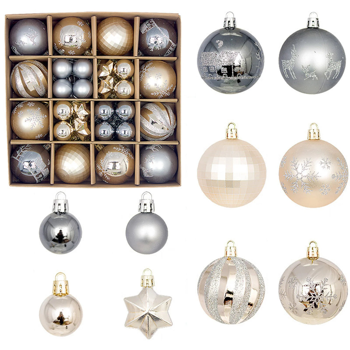 Bola de natal ornamento caixa de presente conjunto sortido azul branco floco de neve rena padrão design feriado festivo árvore pendurado decoração
