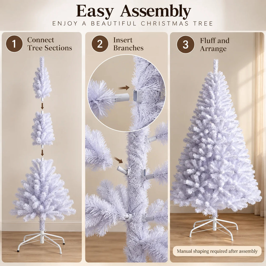 Árvore de Natal artificial branca, totalmente em PVC, 120-240 cm, com ramos densos, suporte de metal opcional, luzes quentes, decoração de Natal para casa.