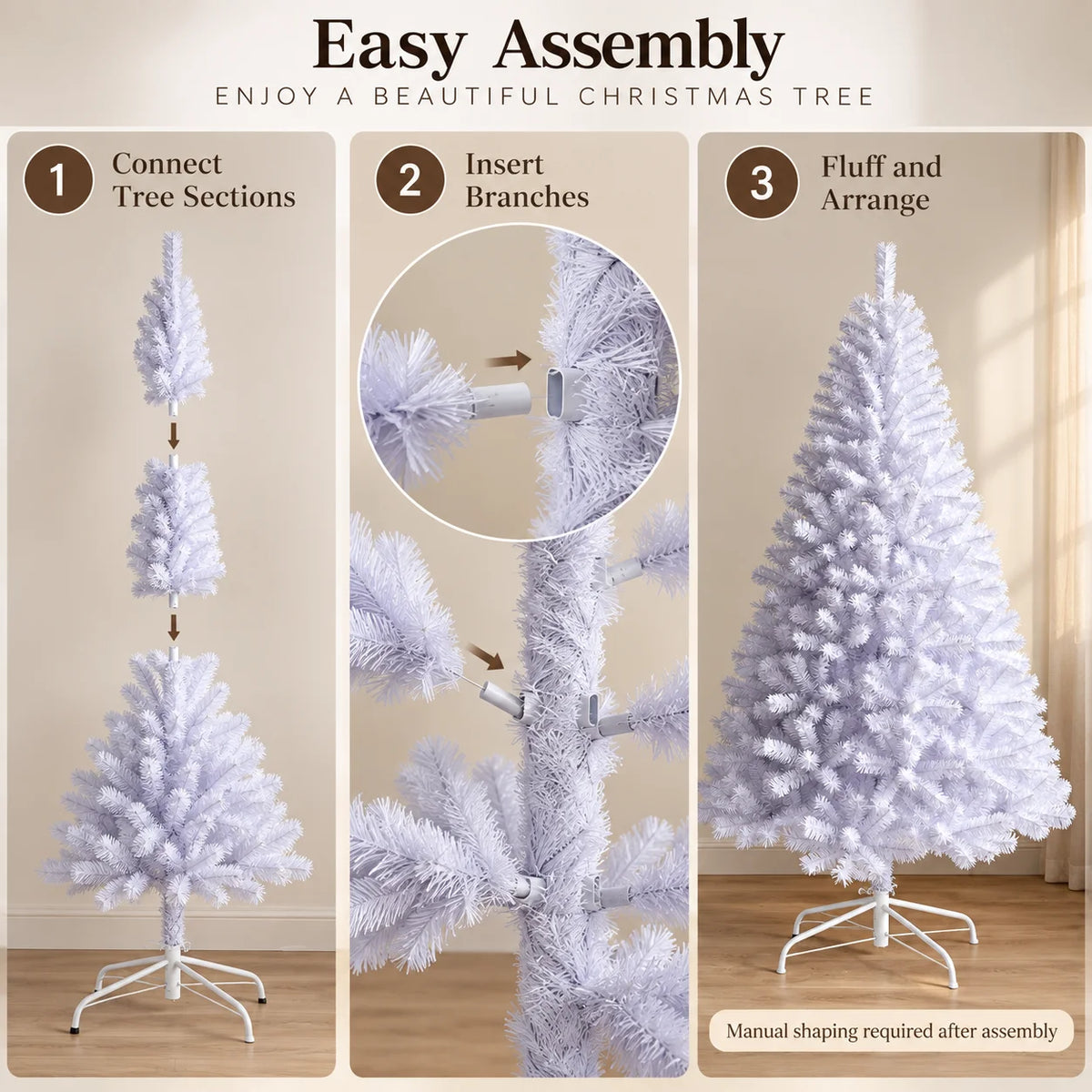 Árvore de Natal artificial branca, totalmente em PVC, 120-240 cm, com ramos densos, suporte de metal opcional, luzes quentes, decoração de Natal para casa.