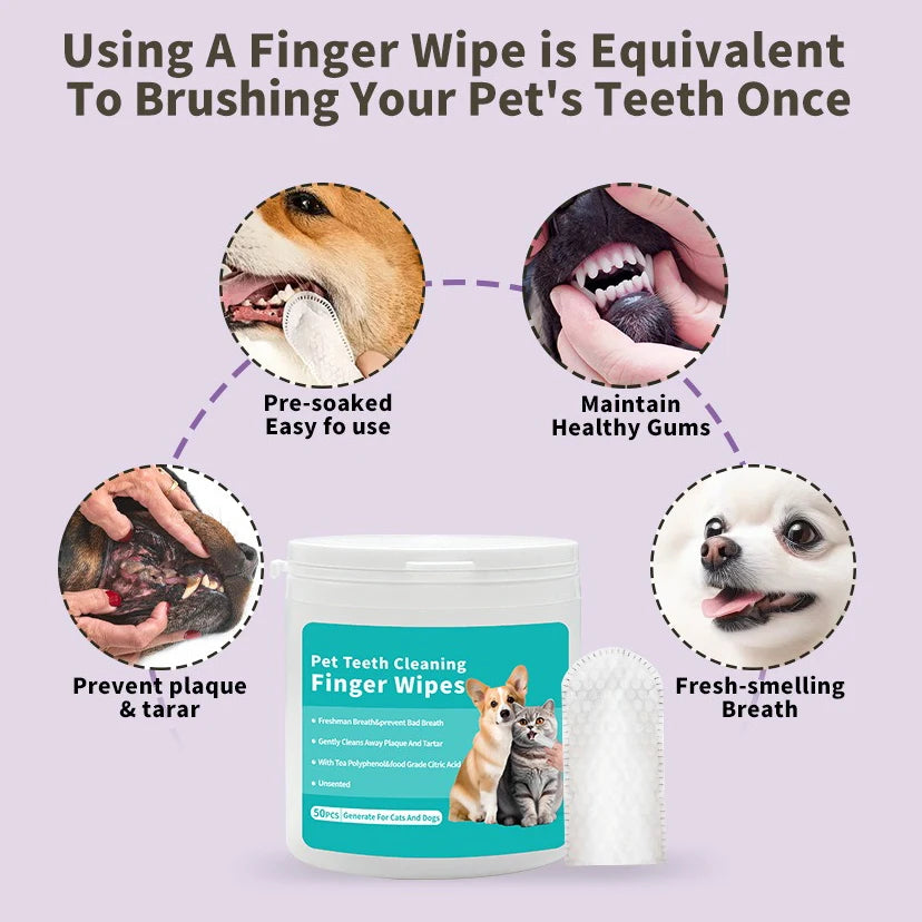 Produtos de Limpeza para Animais de Estimação: Escova de Dentes Descartável para Dedos, Coberturas para Limpeza de Dentes de Animais, Lenços Umedecidos para Limpeza Oral de Cães e Gatos