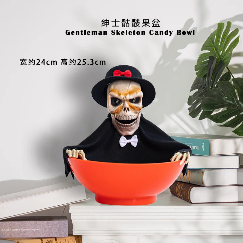 Decoração de cena de Halloween: balde de abóbora, prato de doces engraçado, adereços, enfeites, decorações de atmosfera de evento, decoração de bar