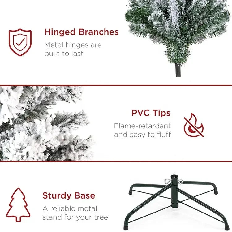 Árvore de Natal artificial em PVC com efeito de neve e galhos esbranquiçados, ideal para decoração de vitrines e para as festas de fim de ano.