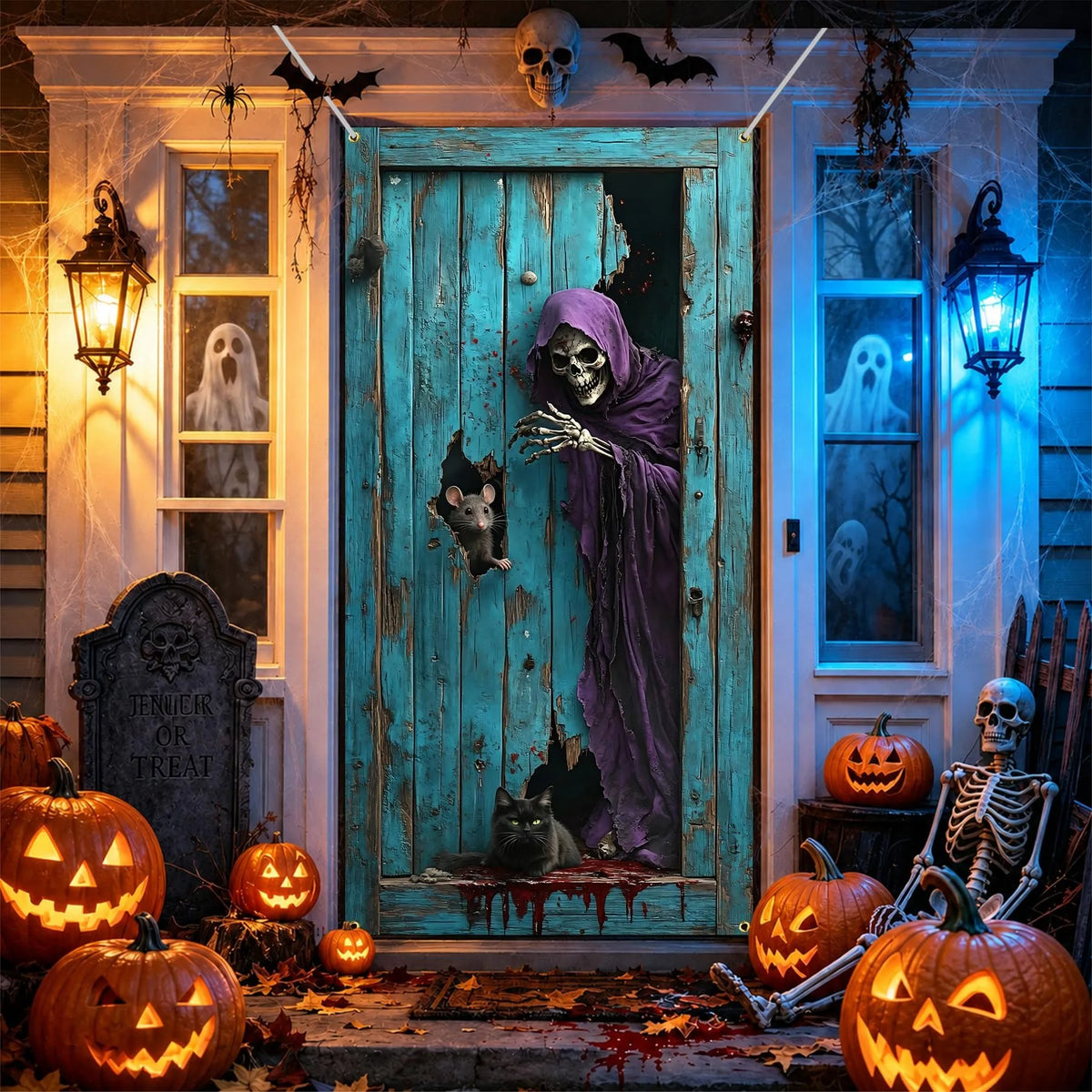 Capa de Porta de Halloween: Cenário Assustador de Esqueleto Ceifador para Decoração de Entrada de Casa Assombrada, Suprimentos para Banner de Festa Temática de Terror