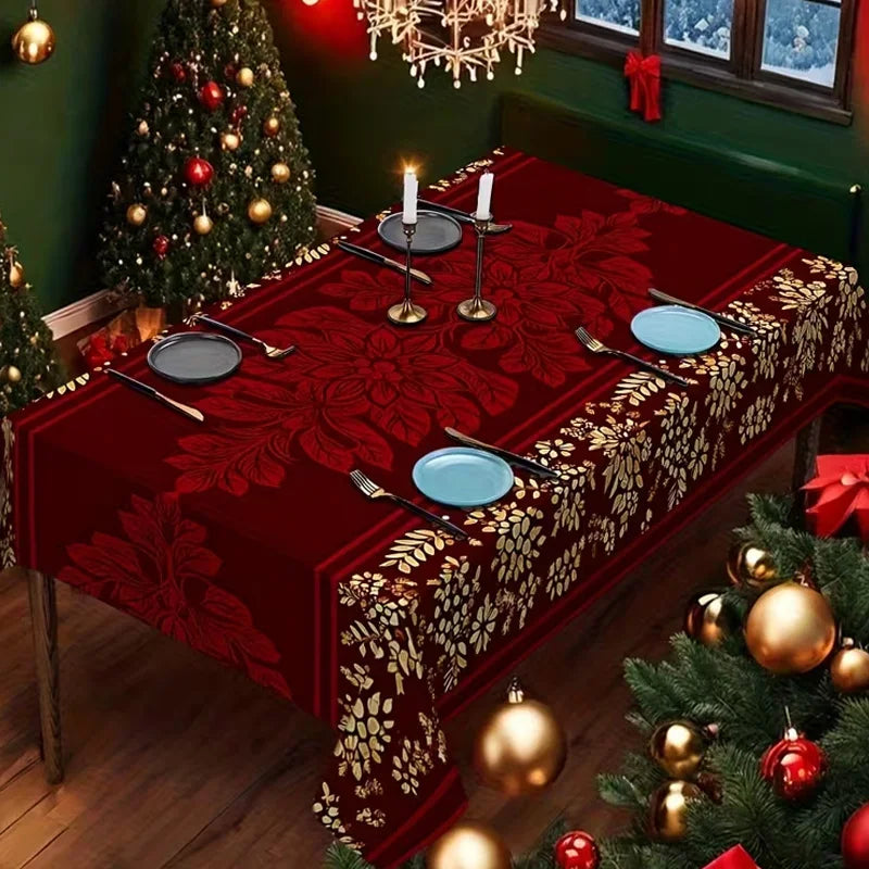 Toalha de Mesa de Natal: Decoração Clássica de Inverno com Estampa de Papai Noel, Floco de Neve e Pinhas – Suprimentos para Cenário Festivo