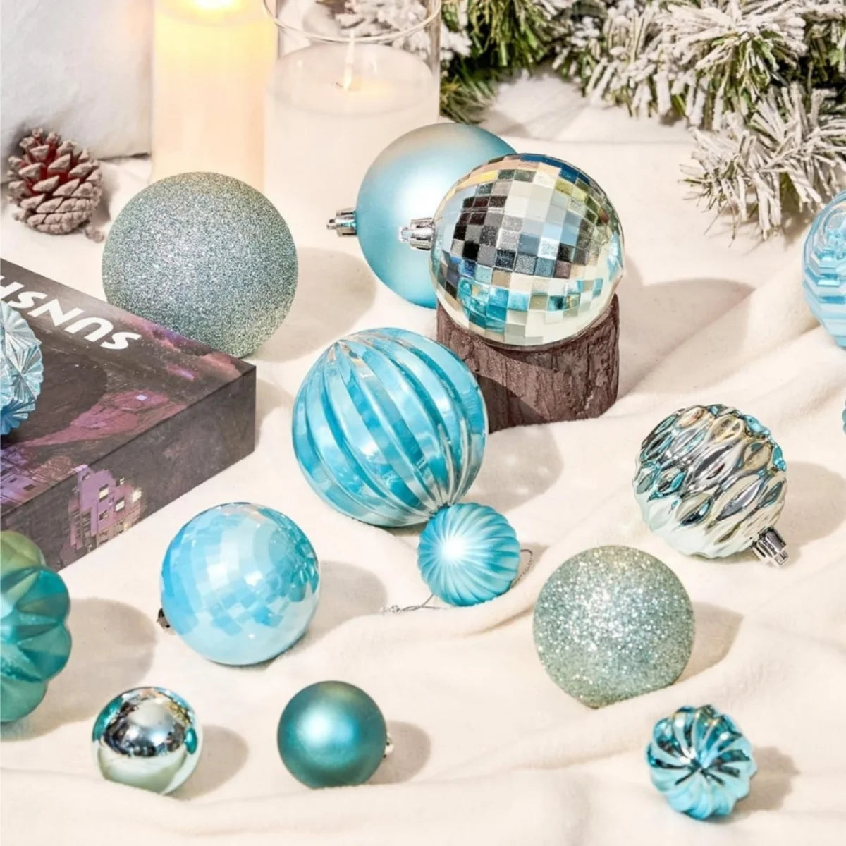 Conjunto de enfeites de bolas de natal, 3/4/6cm, enfeites inquebráveis de natal, bolas suspensas para festa de feriado, decoração de casamento (tira e azul)