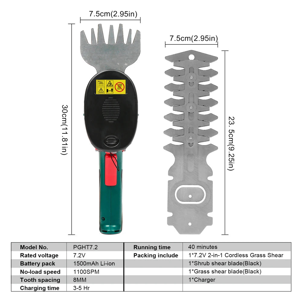 POSENPRO Tesoura de Poda 7.2V 2 em 1 Sem Fio, Aparador de Grama e Cerca Viva, Tesoura Recarregável a Bateria, Ferramenta de Jardim Sem Fio