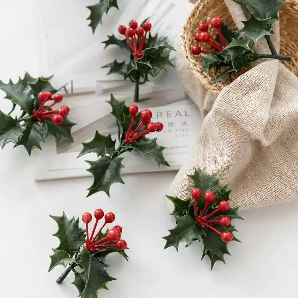 Guirlanda de Natal com Azevinho Artificial, Bagas Vermelhas, Folhas Verdes, Enfeites para Árvore de Natal, Guirlanda, Buquês DIY