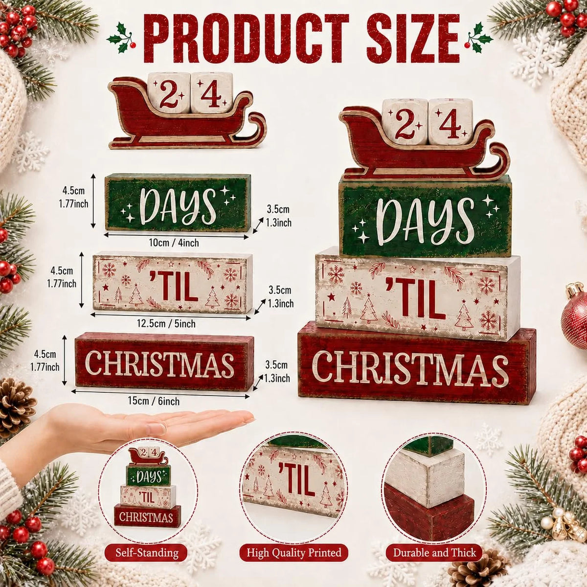 Decorações de Natal em madeira para uso interior, decoração rústica para mesa em estilo campestre, calendário do Advento com tema de trenó e contagem regressiva para o Natal.