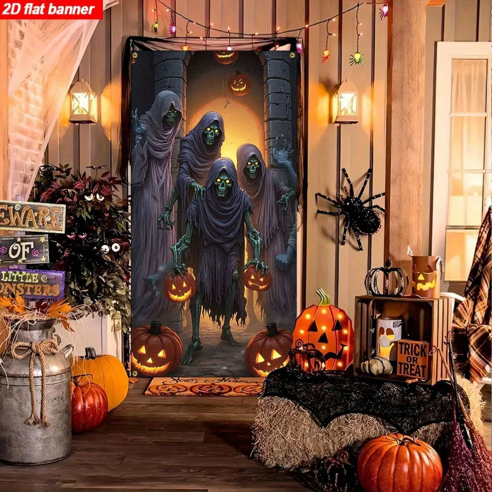Um item, um banner plano 2D, com tema de Halloween, apresentando fantasmas assustadores, caveiras e decorações de abóbora para uma festa.