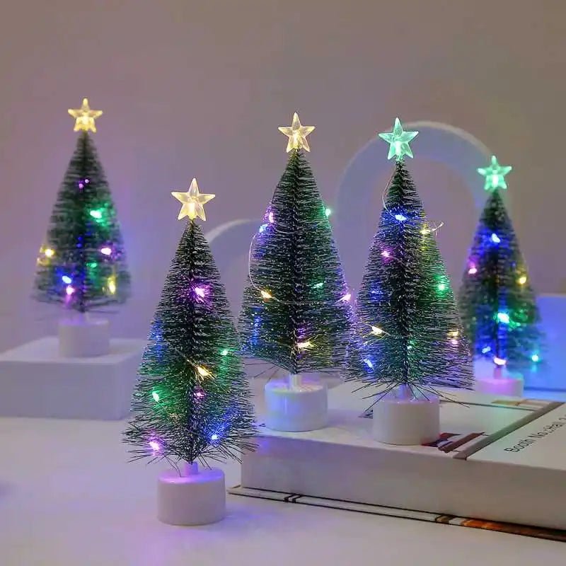 Luminoso mini árvores de natal luzes led decoração para casa velas eletrônicas presentes das crianças ano novo festa de natal ornamento