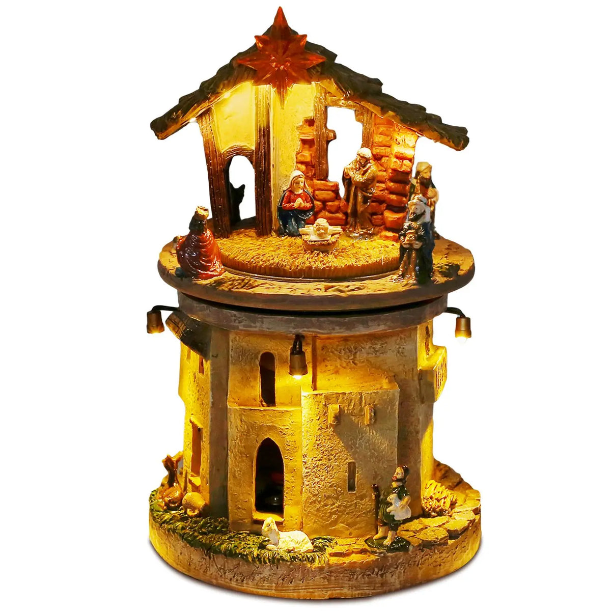 Vila de Natal Animada com Presépio da Sagrada Família, Figurinha de Manjedoura Rotativa, Canções Religiosas e Luzes para Decoração Interna