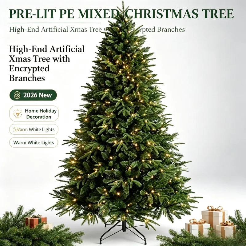 2026 Nova Árvore de Natal Mista de PE Pré-iluminada, Árvore de Natal Artificial de Alta Qualidade com Galhos Densos, Decoração Natalina para Casa