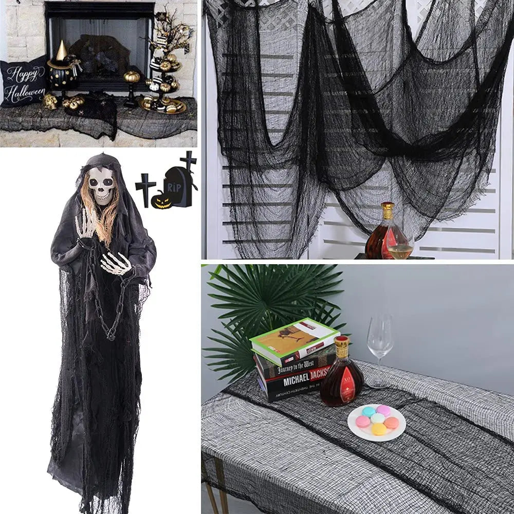 Decoração de festa de halloween de terror, casas assombradas, porta ao ar livre, pano preto assustador, gaze assustadora, adereços góticos