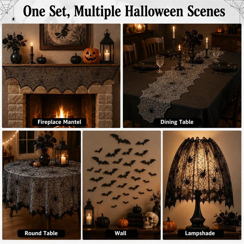 Kit de Decorações de Halloween: Toalha de Mesa com Teia de Aranha, Caminho de Mesa, Decoração para Lareira, Toalha de Mesa com Renda e Teia de Aranha, Decoração para Festa de Halloween