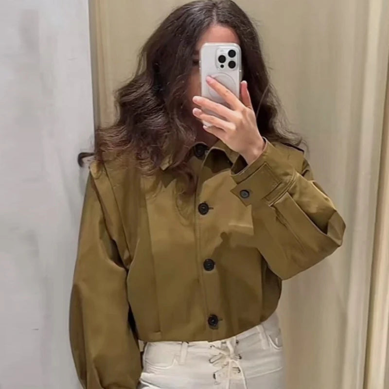 HXAO Women's Jackets Brown Pleated Jacket Spring Summer 2025 Cropped Bomber Button Long Sleeve Coats Outerwears Aviator Jackets