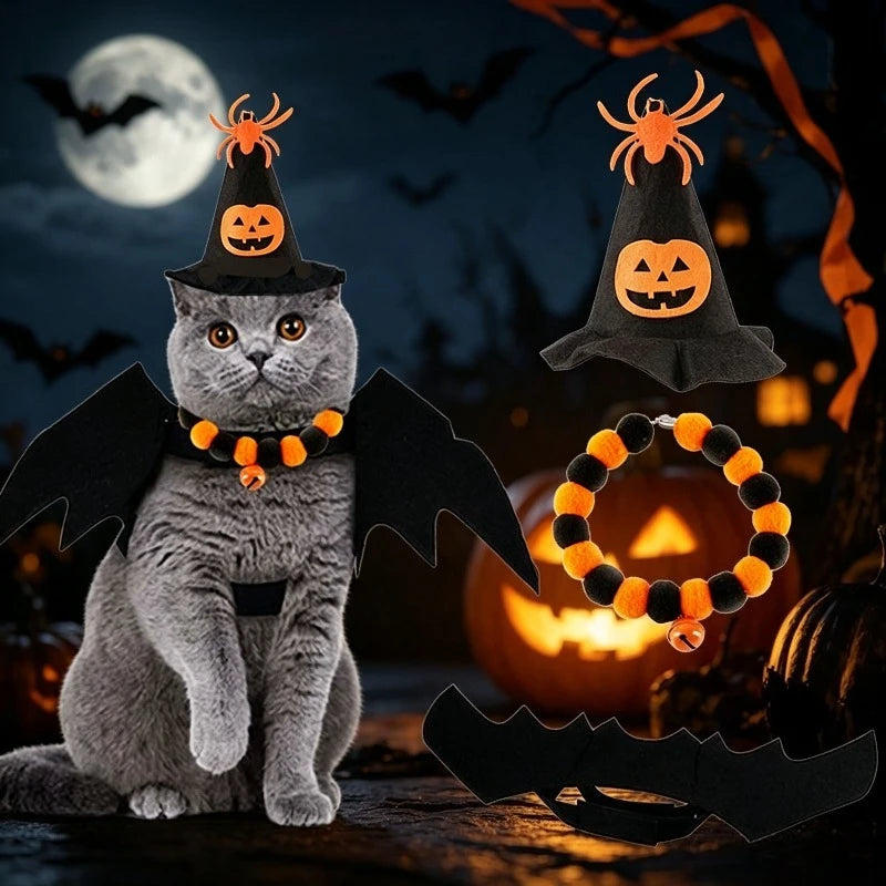 3×Conjunto de Decoração de Fantasia de Halloween para Gato de Estimação - Acessórios de Asas de Morcego, Coleira e Tiara, Fantasia Assustadora e Fofa para Festa de Halloween