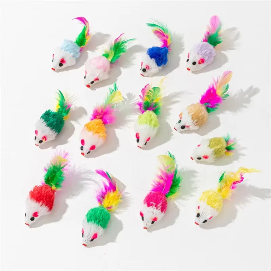 Brinquedos interativos para gatos, mouse falso de lã macia e fofa, pena colorida, brinquedo de treinamento engraçado para gatos, gatinho, suprimentos