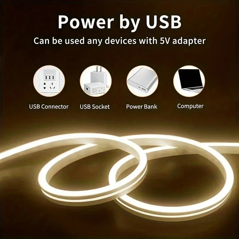 Fita de LED Neon USB DC 5V com Sensor de Toque Regulável, Fita de Silicone Flexível à Prova d'Água para Decoração de Ambientes Externos