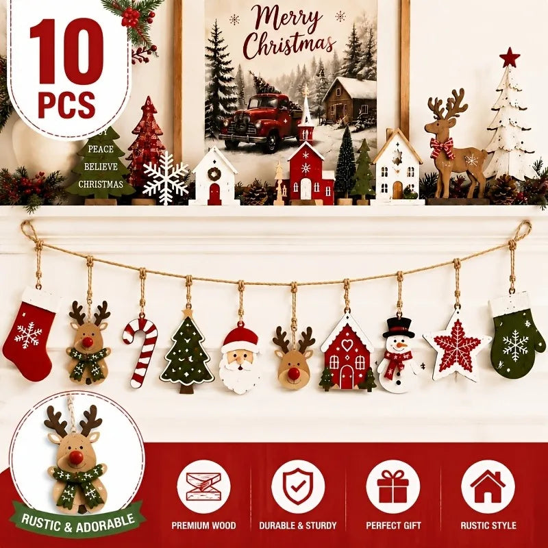 10 peças de decoração de madeira de Natal, Papai Noel, renas, árvore de Natal, estrelas, etc., decoração para festas de inverno/Natal em casa.