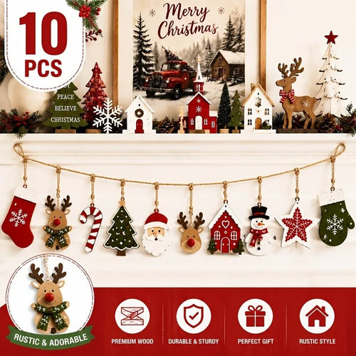 10 peças de decoração de madeira de Natal, Papai Noel, renas, árvore de Natal, estrelas, etc., decoração para festas de inverno/Natal em casa.