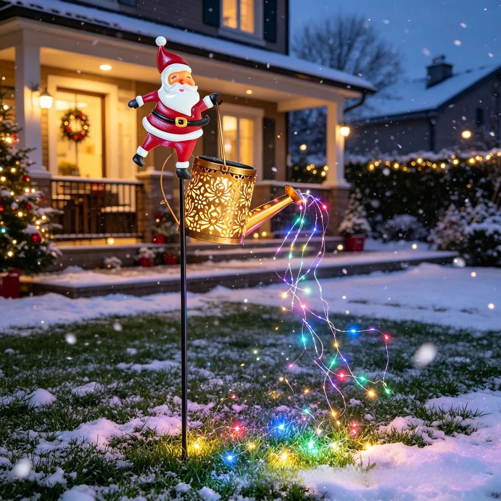 Lanterna Solar de Natal com Papai Noel para Jardim, Regador de Metal à Prova d'Água para Decoração de Quintal e Pátio