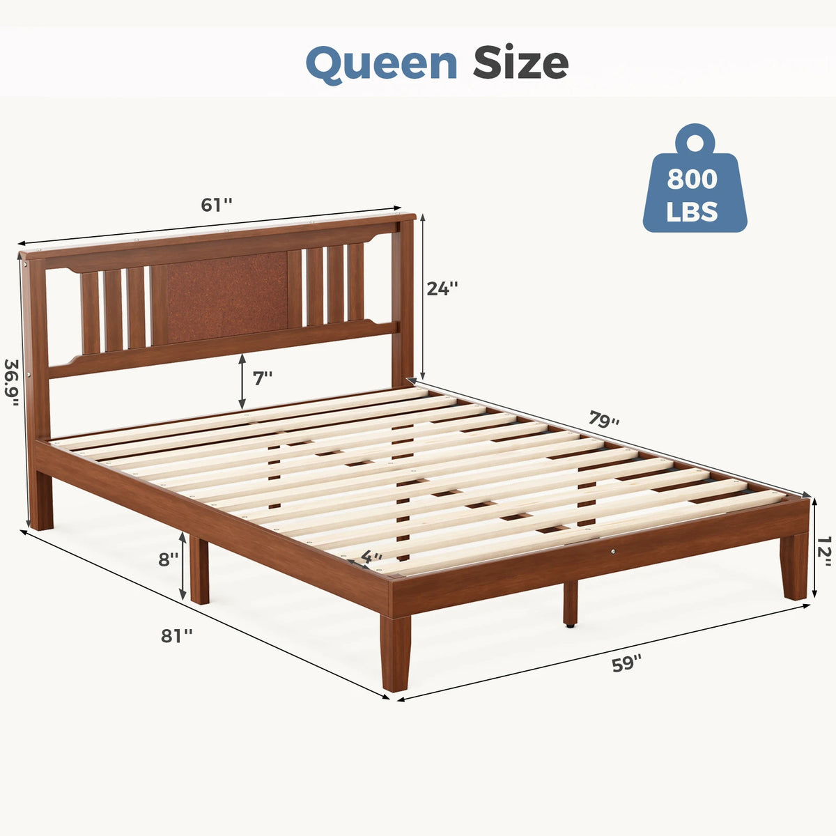 Cama de Plataforma MCQ com Estrutura de Madeira e Cabeceira, Suporte Robusto de Ripas de Madeira Maciça, Suporta até 800 lbs, Não Necessita de Box Spring, Montagem Fácil, Sem Ruído, Ideal para Móveis de Quarto