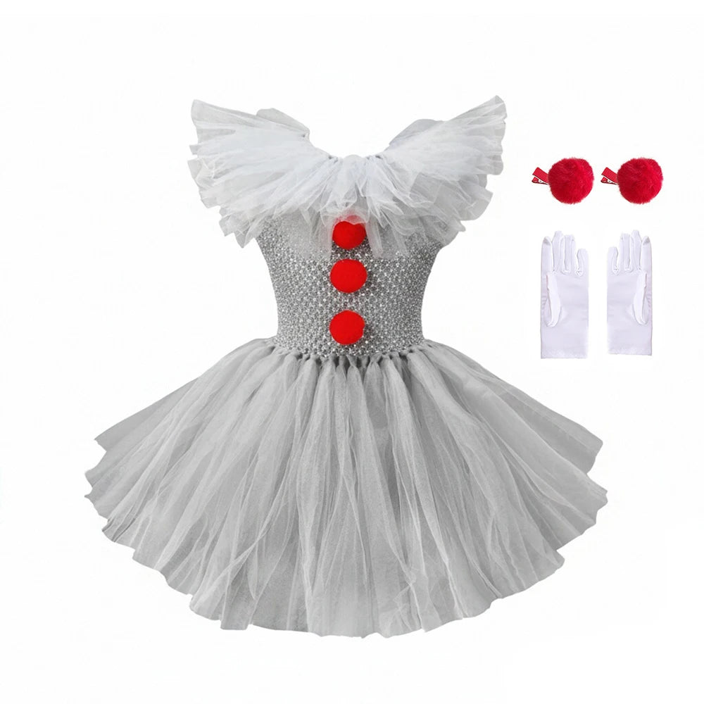 Fantasia de Palhaço Assustador para Meninas, Vestido Tutu de Tule Cinza, Roupa de Cosplay para Halloween, Carnaval dos Mortos e Festas de Palco