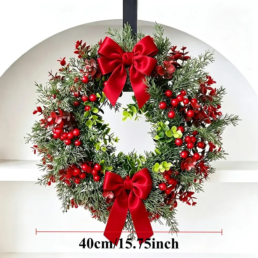 Guirlanda de Natal com Laço e Frutas Vermelhas, Incluindo Cranberries e Holly, para Decoração Interna e Externa