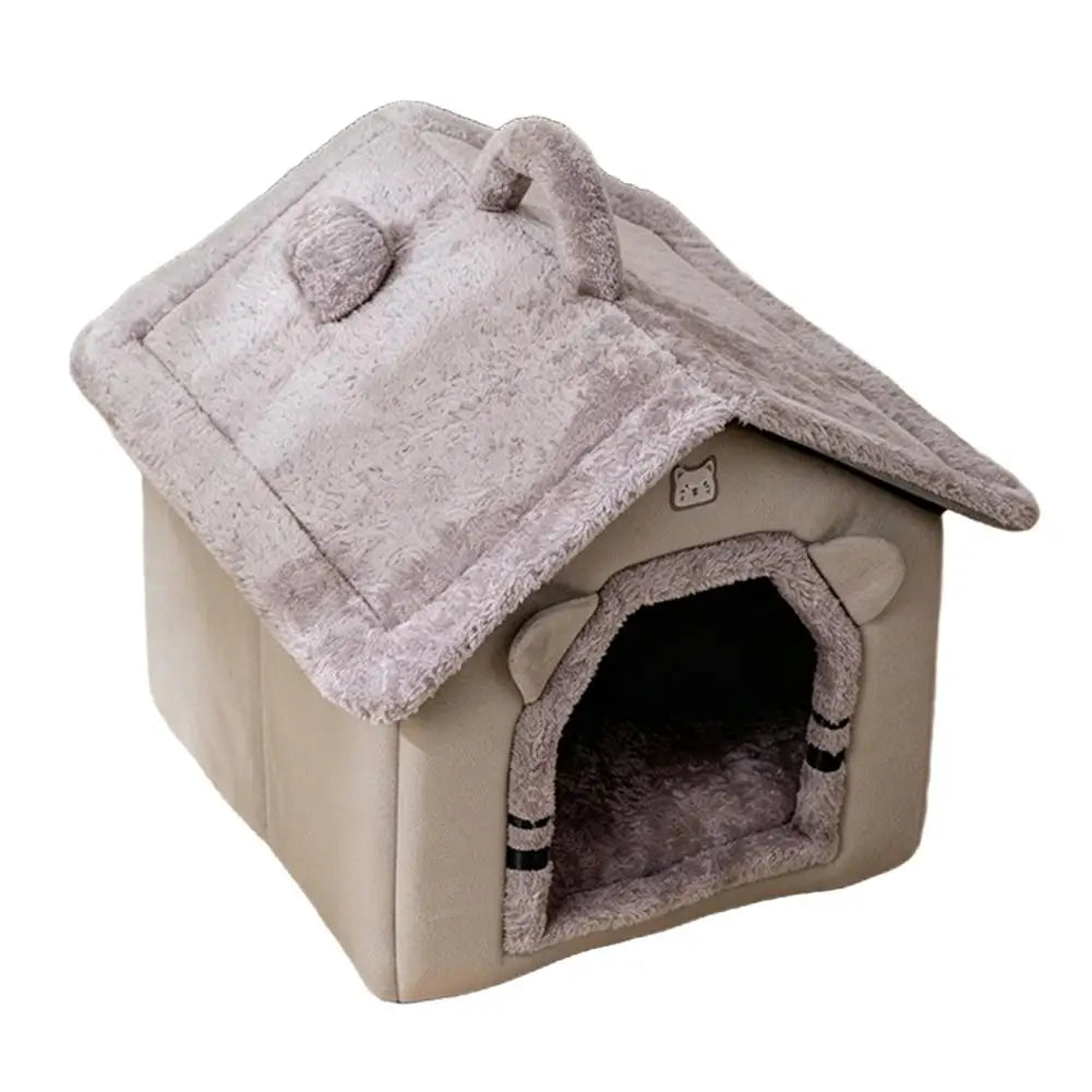 Cama para Pets Estilo Casa Fofa para Cães e Gatos Pequenos, Quente para o Inverno, Removível e Lavável, Casinha Fechada de Pelúcia, Vila para Gatos, Caverna