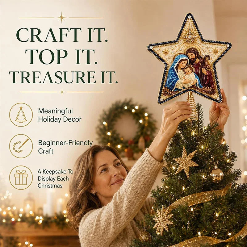 Enfeite de Árvore de Natal com Pintura de Diamantes, Topo de Árvore em Forma de Estrela, Papai Noel DIY, Pintura com Pérolas e Gemas, Base Espiral, Decoração para o Topo da Árvore de Natal