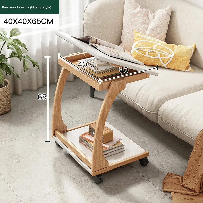 Mesa de centro móvel de madeira maciça, prateleira de armazenamento para sala de estar, mesa lateral dobrável para sofá de sala de estar, mesa de cabeceira de madeira maciça para quarto