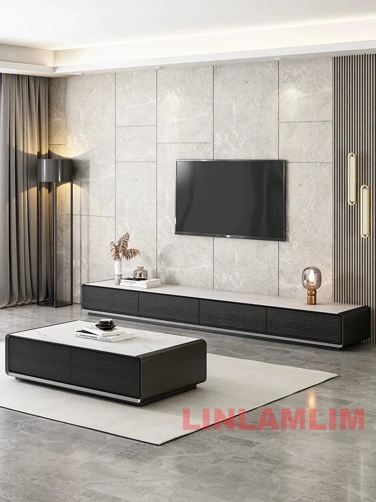 Conjunto de Móveis Modernos Brancos para Sala de Estar, Mesa de Café e Rack para TV com Armários de Armazenamento, Conjunto de Centro de Entretenimento Contemporâneo