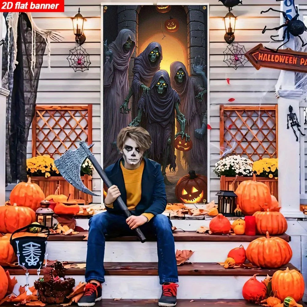 Um item, um banner plano 2D, com tema de Halloween, apresentando fantasmas assustadores, caveiras e decorações de abóbora para uma festa.