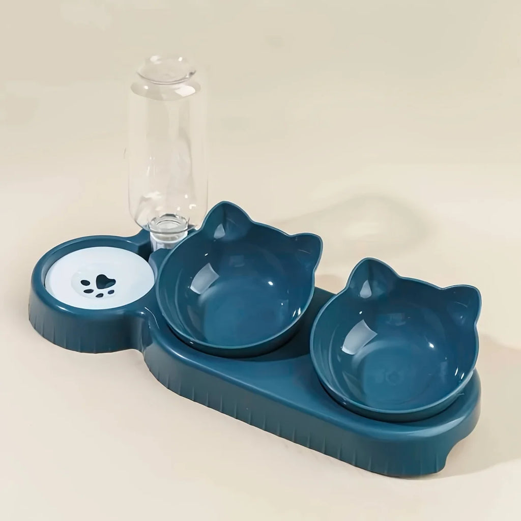 Tigelas de estimação com alimentador de água 3 em 1, design da orelha, tigela de água e comida de gato inclinada