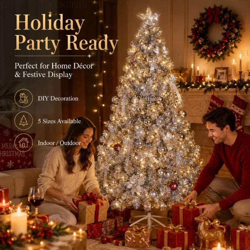 Árvore de Natal Artificial Prateada em PVC 120-240cm de Alta Qualidade com Luzes LED Quentes, Decoração para Festa de Natal em Casa