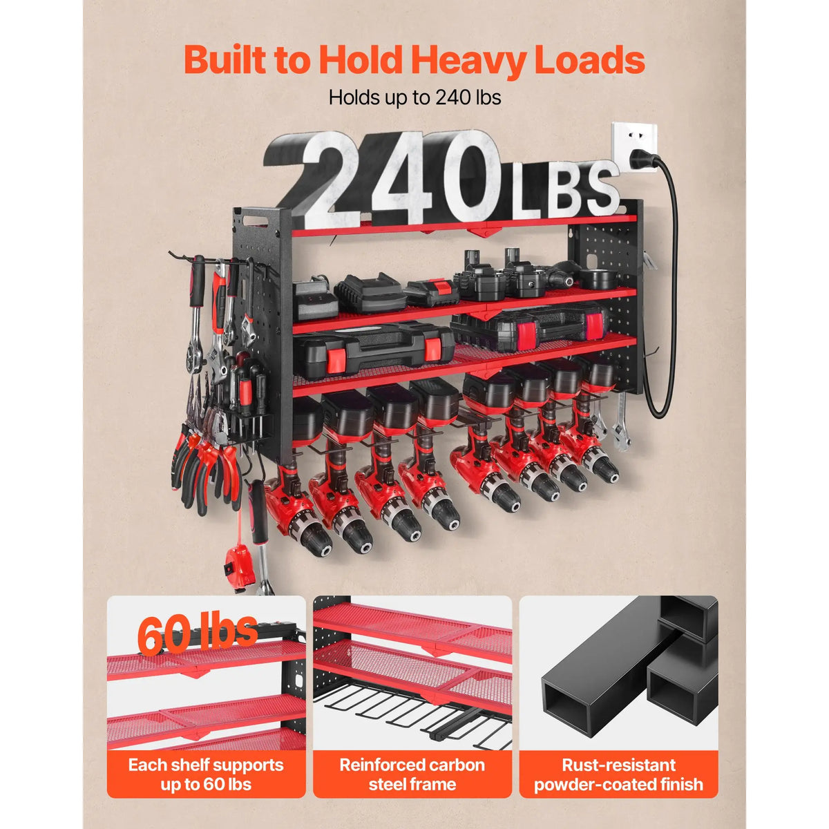 Power Tool Organizer Wall-Mounted Charging Station 4 Drill Holders 3 Layer Drill Storage Rack Garage Tool Storage Side Pegboard