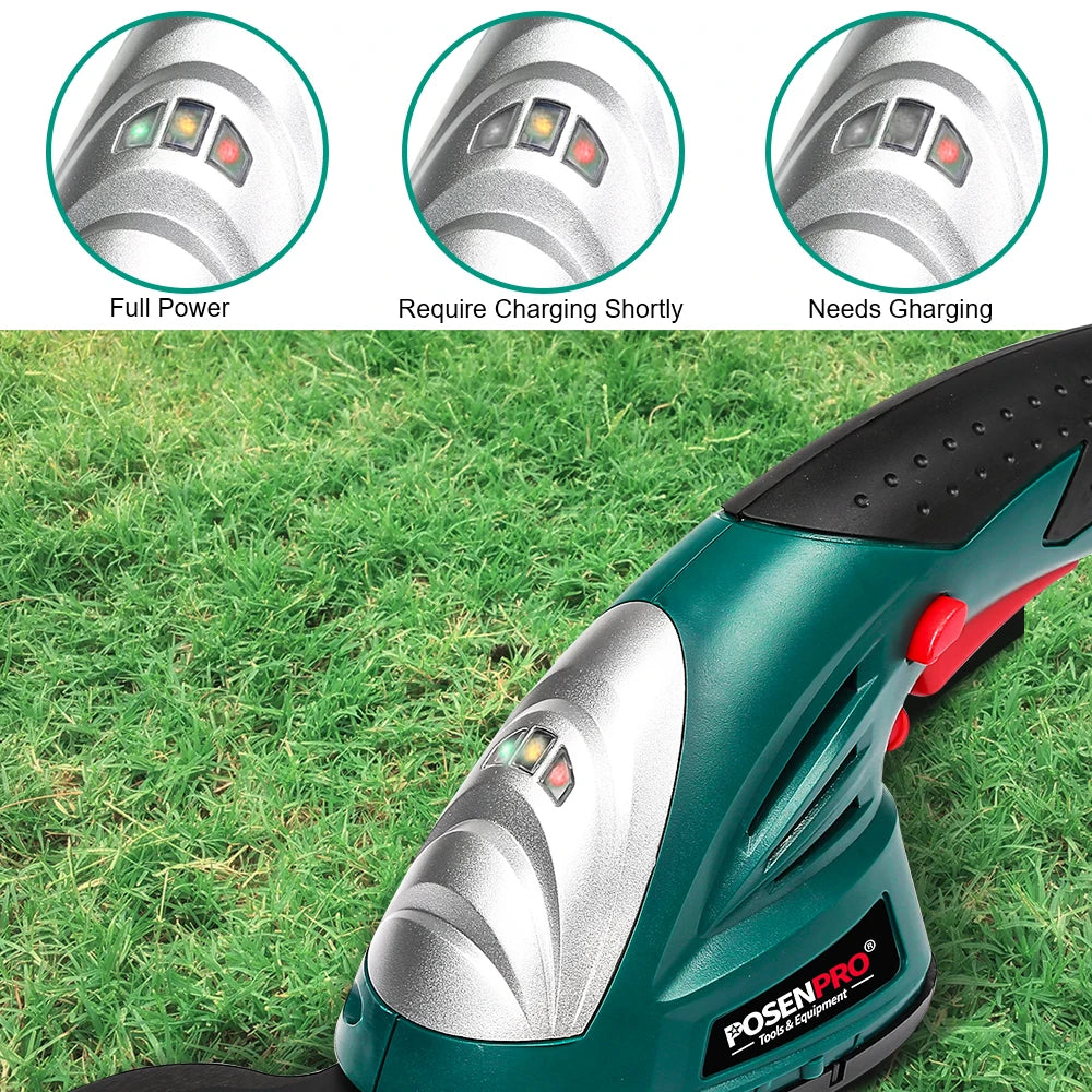 POSENPRO Tesoura de Poda 7.2V 2 em 1 Sem Fio, Aparador de Grama e Cerca Viva, Tesoura Recarregável a Bateria, Ferramenta de Jardim Sem Fio