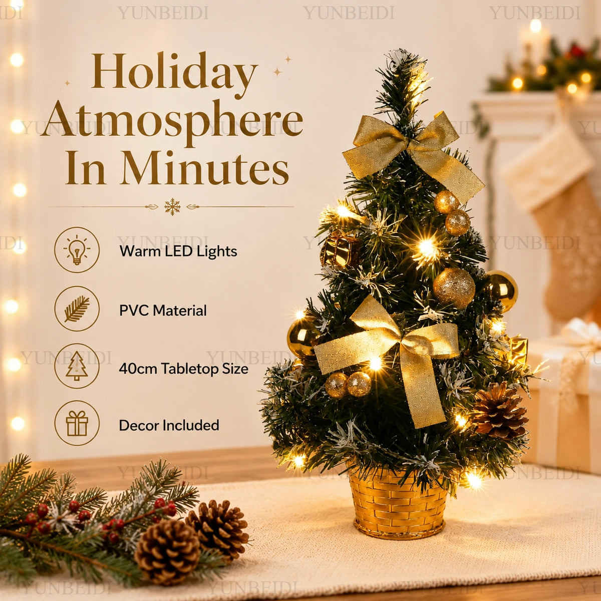 Árvore de Natal de 40CM com Luzes LED, Mini Árvore de Natal Artificial, Decoração de Mesa para Casa, Decoração de Natal, Presente de Ano Novo
