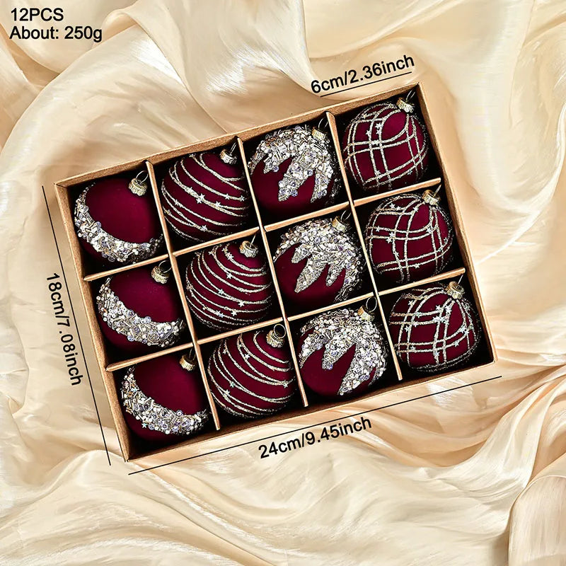 12pçs 6cm vinho tinto veludo bolas de natal 2025 conjunto de ornamento para festa de árvore decoração de esferas de férias de ano novo