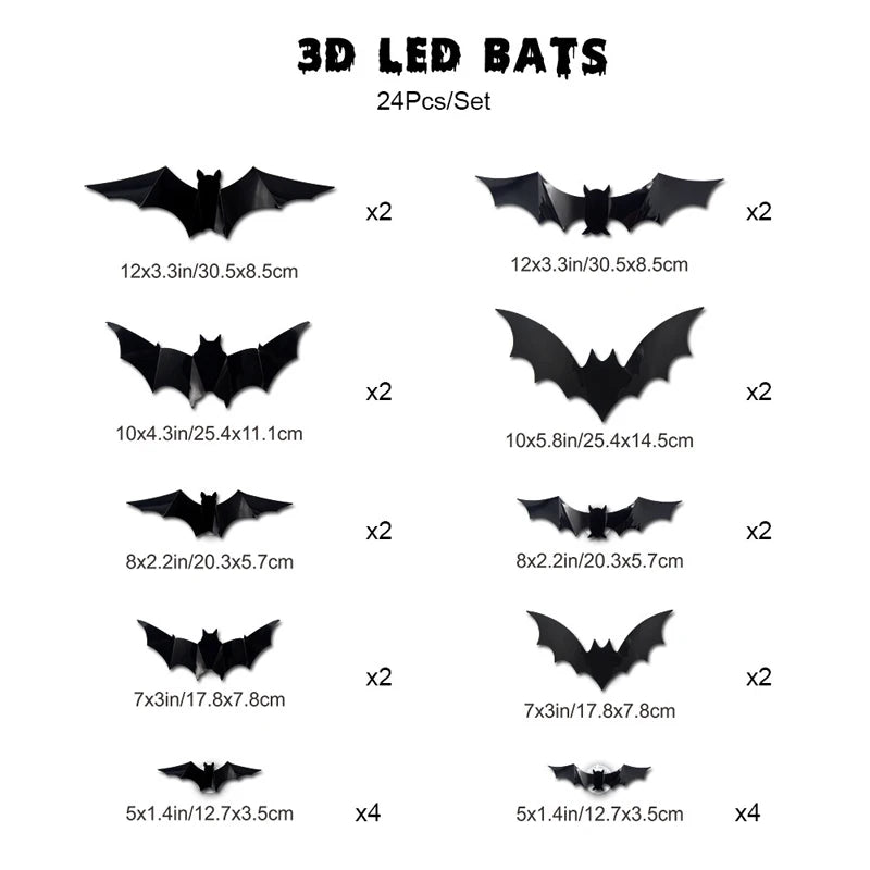 Decorações Assustadoras de Halloween: Luzes LED 3D de Morcego | Adesivos de Parede Flexíveis, Decoração Luminosa Alimentada por Energia | Decoração de Festa, Janela - Kasa & Pet