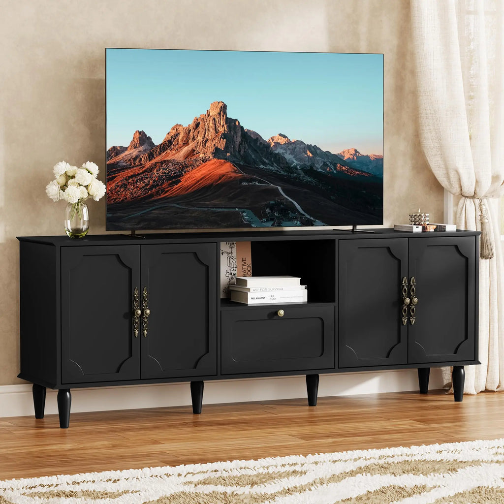Móvel de TV de estilo vintage para televisores de 75 polegadas, consola de TV preta para a sala de estar.