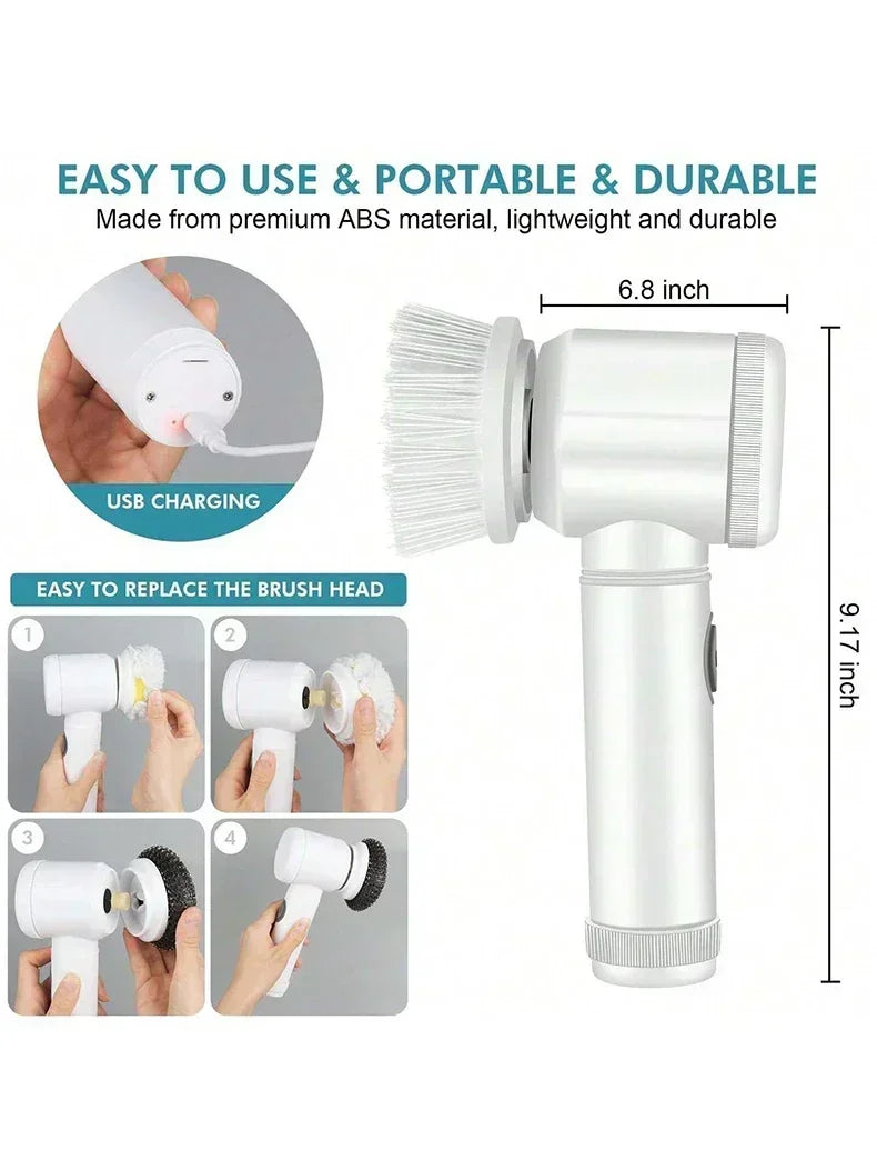 Purificador giratório elétrico sem fio 2025 com 5 escovas, limpador de banheiro recarregável à prova d'água IPX7 para limpeza de azulejos/doche/gravos