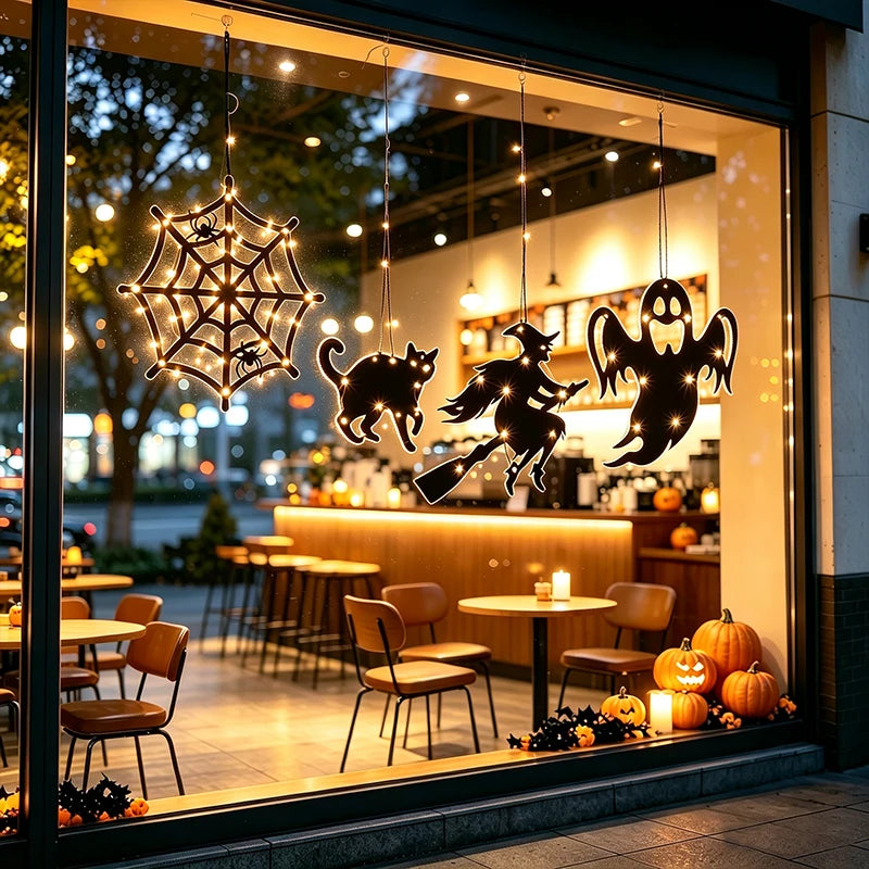 Luzes Decorativas de Halloween para Pendurar em Janelas e Paredes, Ornamentos LED Assustadores de Silhueta de Fantasma, Bruxa, Gato Preto e Teia de Aranha para Pendurar em Ambientes Internos
