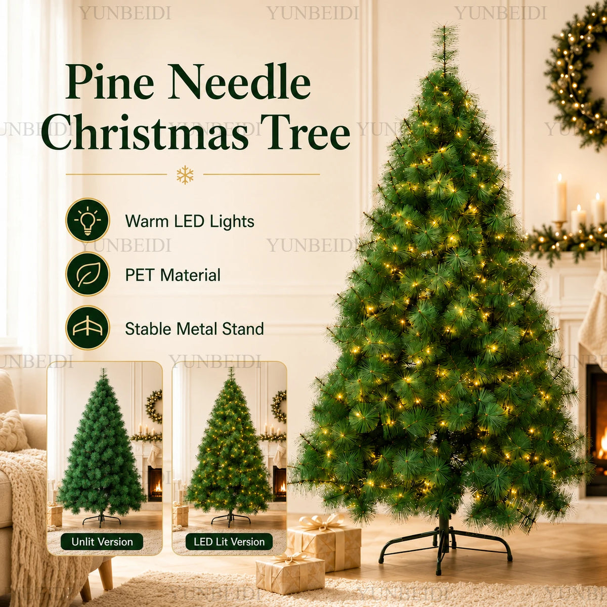Árvore de Natal Artificial com Agulhas de Pinheiro PET e Luzes LED, de 90cm a 240cm, Grande Decoração de Natal para Casa
