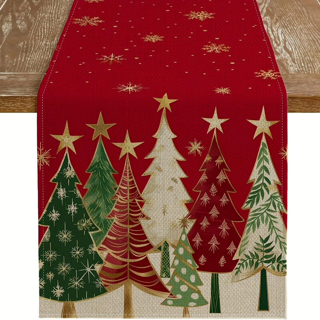 Decoração de mesa festiva retangular de corredor de mesa de Natal, design de árvores de Natal vermelhas e flocos de neve para toalha de mesa de férias