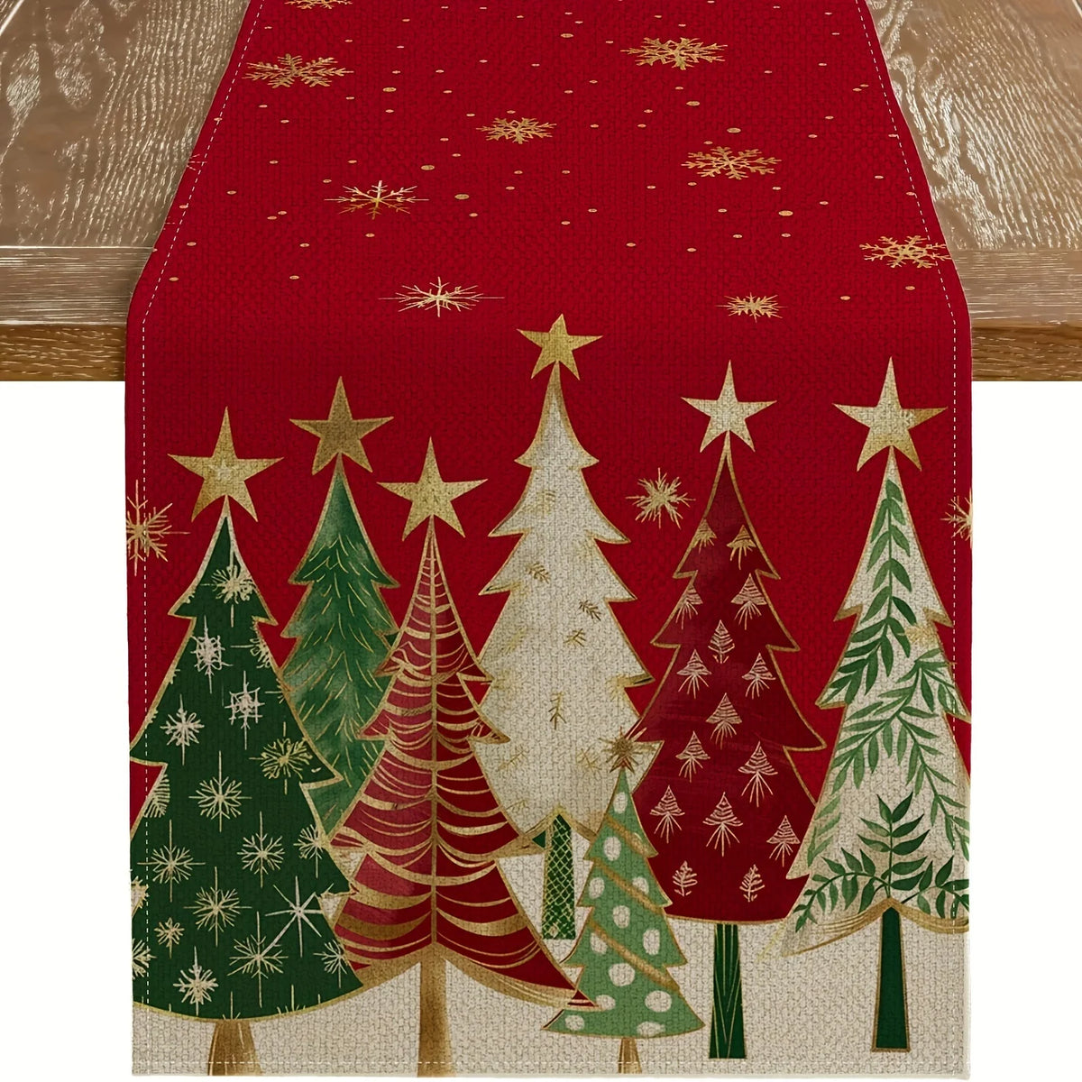 Decoração de mesa festiva retangular de corredor de mesa de Natal, design de árvores de Natal vermelhas e flocos de neve para toalha de mesa de férias