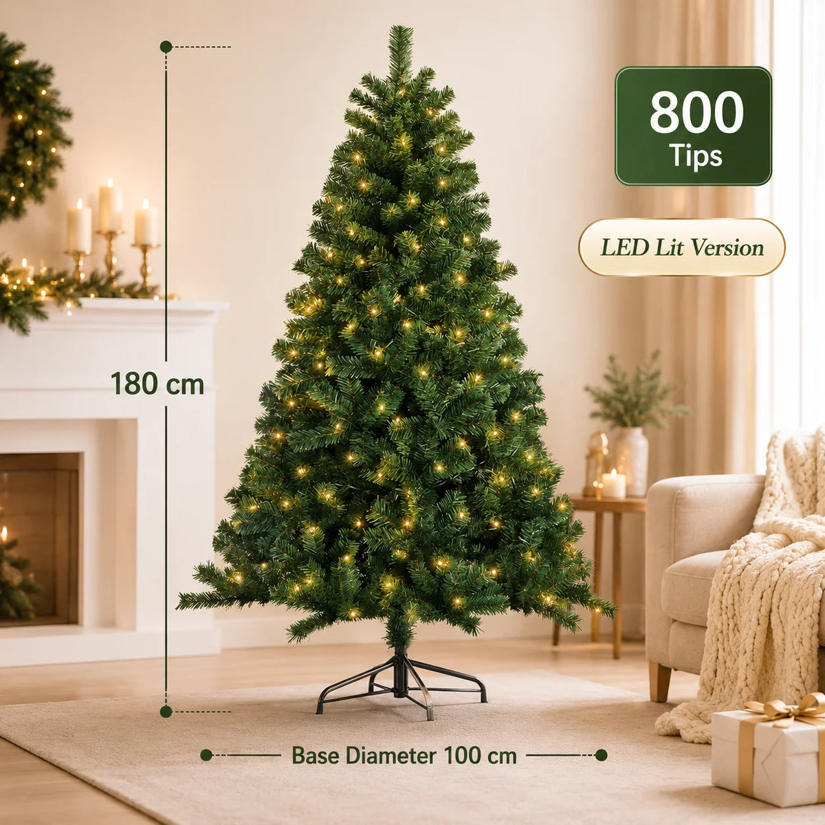 Árvore de Natal Artificial Grande em PVC com Luzes LED, de 120cm a 300cm, Decoração para Festa de Natal e Ano Novo em Família