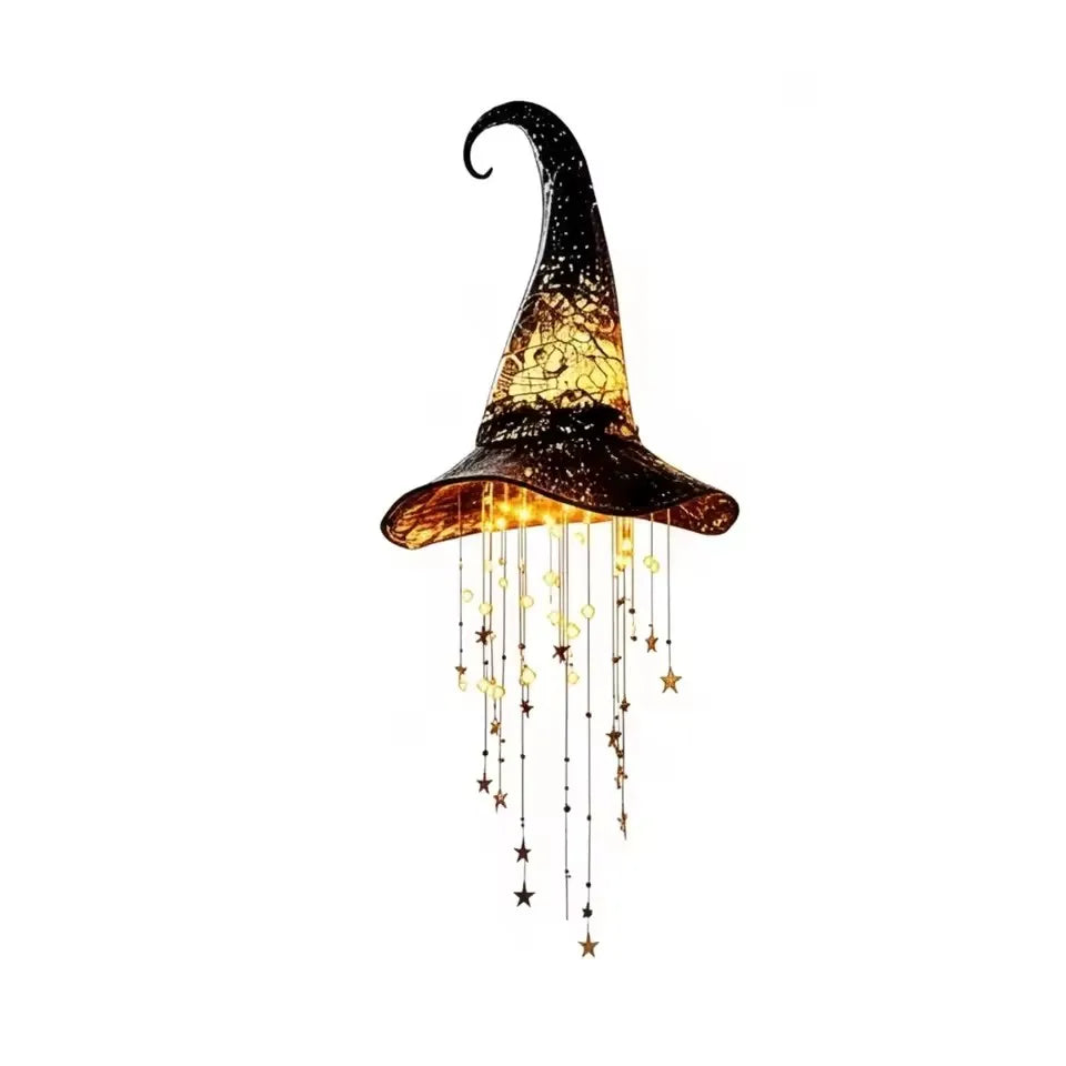 Chapéu de Bruxa Iluminado com Sino Pendurado, Ornamento de Halloween para Exterior, Estrelas em Cascata de Malha Brilhante, Decoração com Moldura Preta, Decoração de Festa