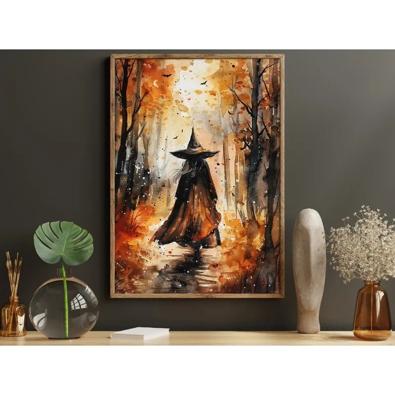 Pôster de Decoração de Parede de Halloween: Bruxa Sombria no Bosque com Flores - Impressão em Tela Sem Moldura para Decoração Festiva de Casa - Kasa & Pet