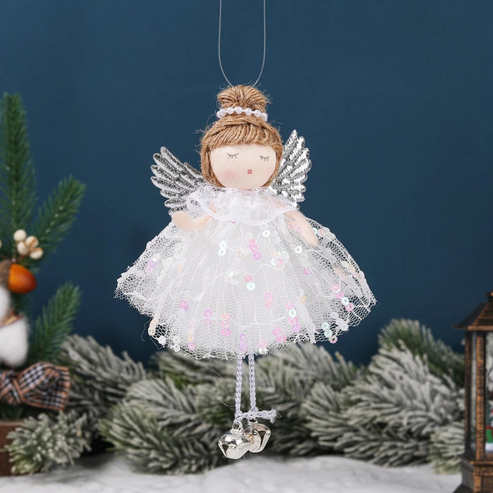 Natal Pendurado Malha Sequin Saia, Anjo Xmas Árvore Pingente Enfeites, Decoração de Casa, Noel, Presentes, 2022